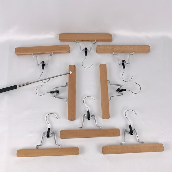 Lot of 8 Natural Wood Slack Skirt Pants Hangers with Metal Arm Clamps - Picture 5 of 7